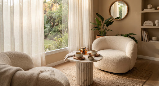 Rincón de bienvenida con té de hierbas y atmósfera boutique